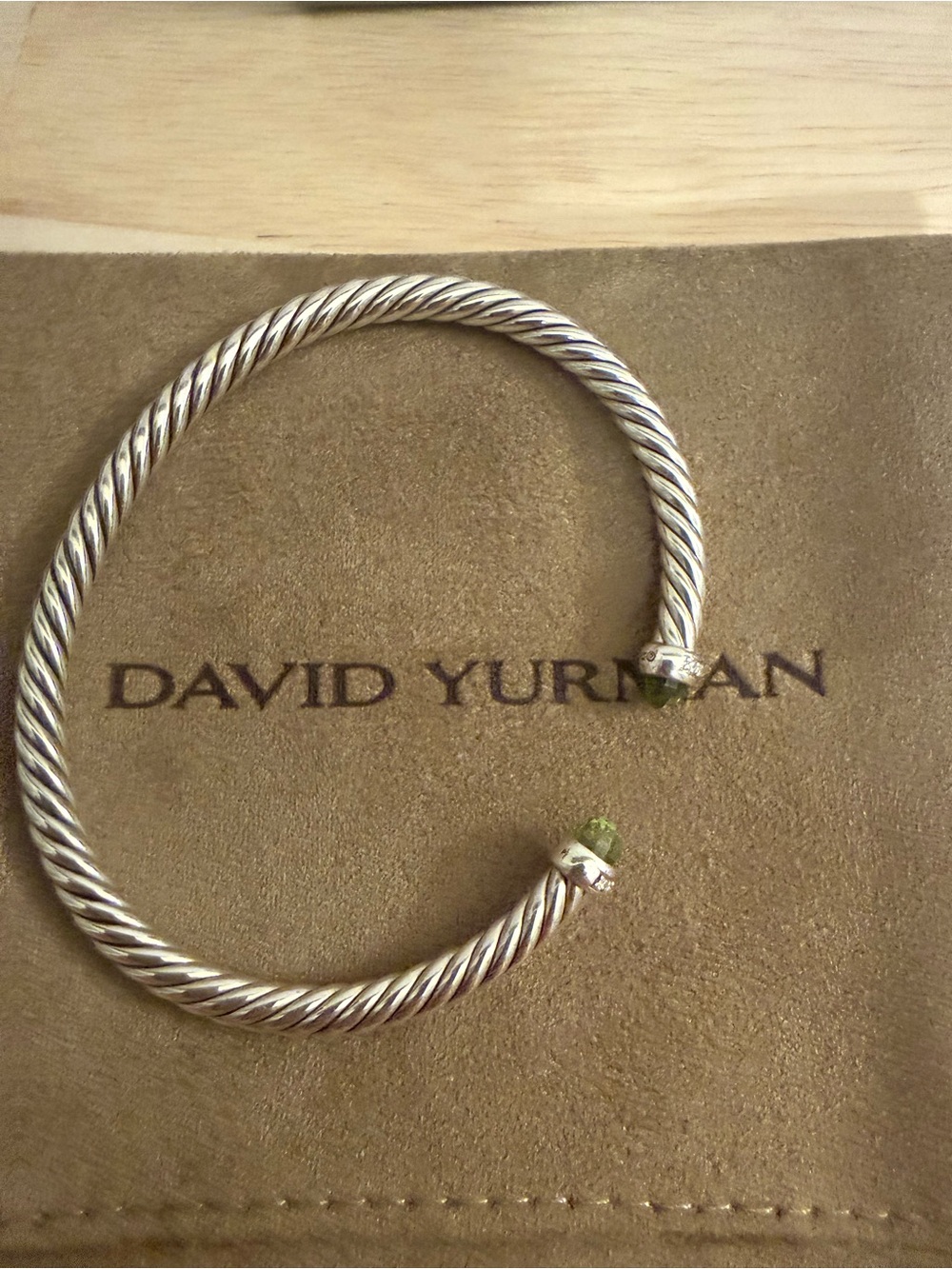 David Yurman Silver Cable Cuff with Peridot Gemstone Terminals